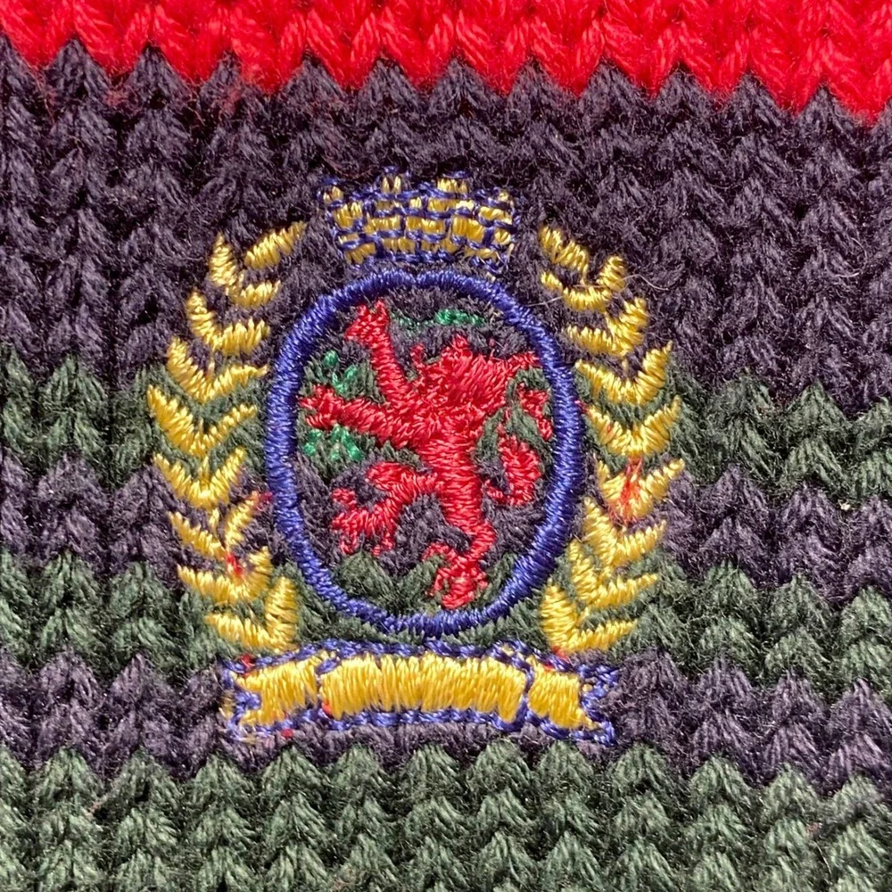 VTG Tommy Hilfiger Sweater Mens L Striped Knit Red Green Navy Crest Logo 90s
